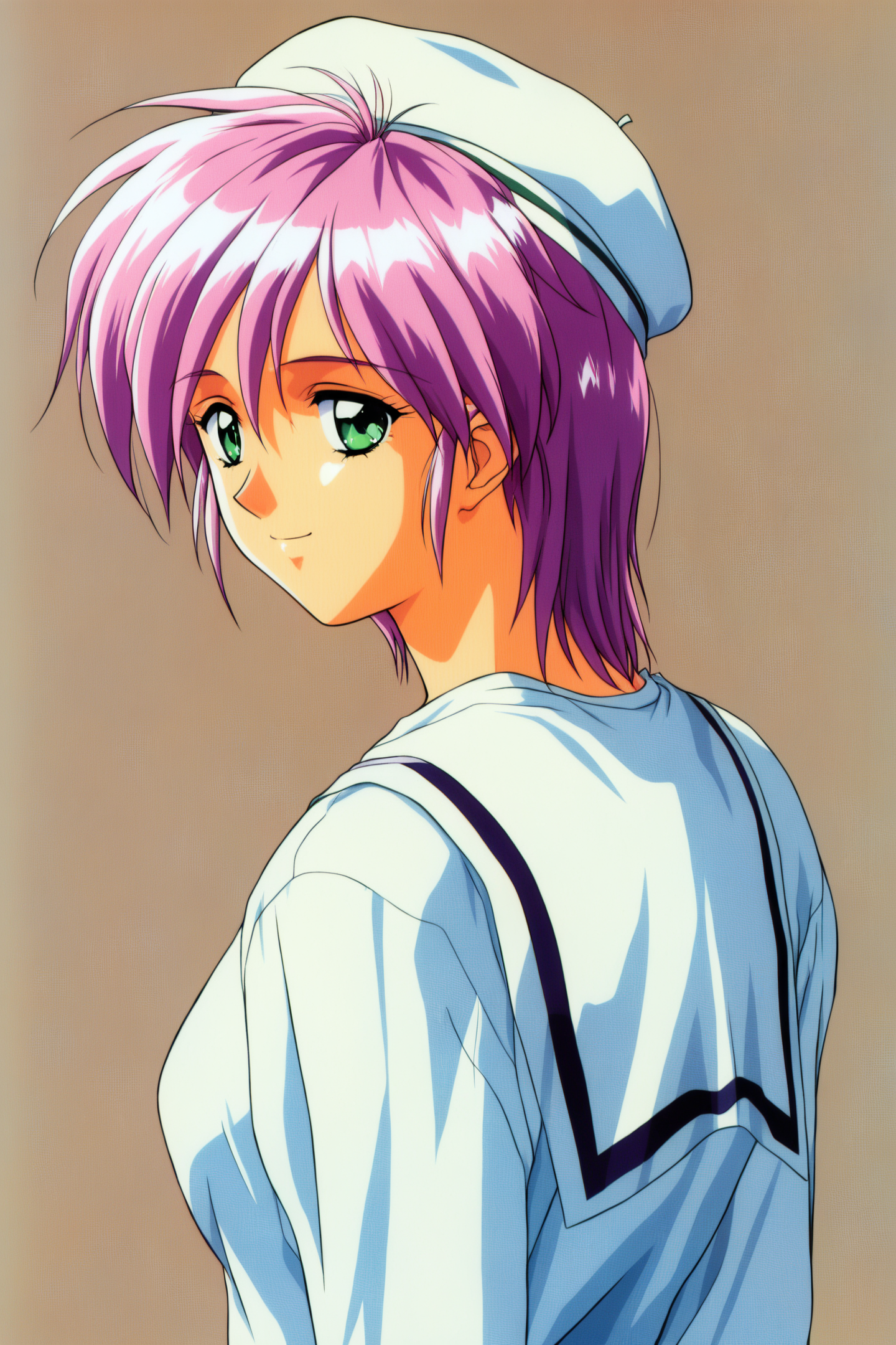 40133-1666711349-Yae Kaori,1girl,solo,green eyes,white hat,smile,beret,short hair,looking at viewer,1990s _(style_),looking back,purple hair,retr.png